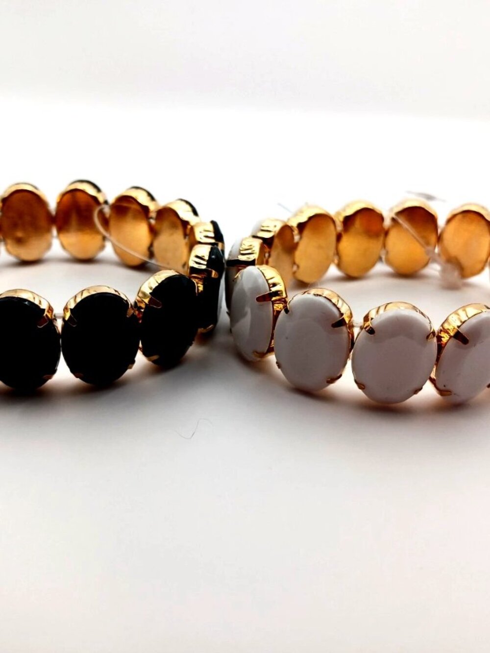 Black + White Goldtone Large Beaded Stretchy Bracelets Lot Of TWO New